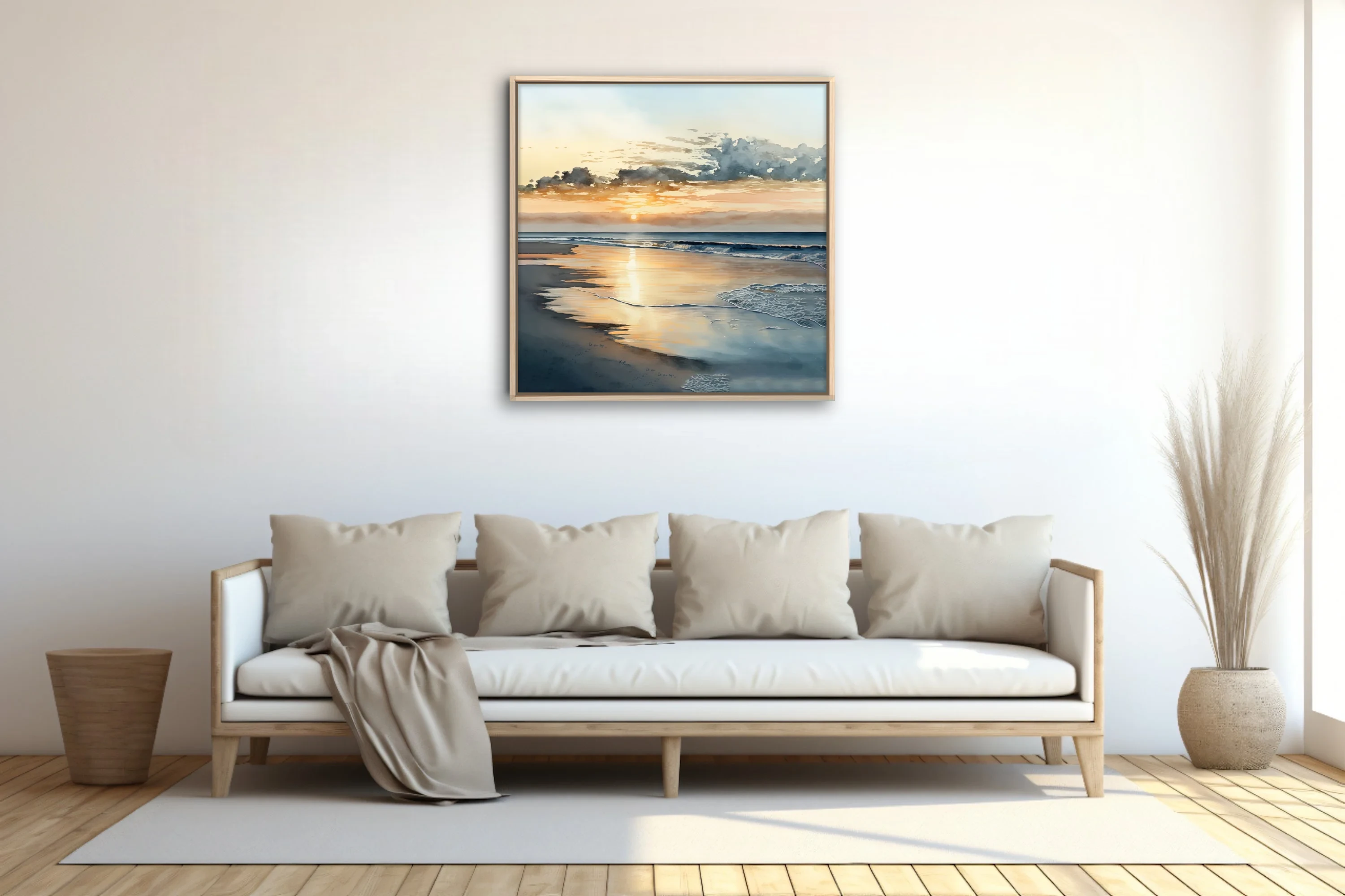 Watercolor-style beach sunset with golden reflections and soft ocean waves