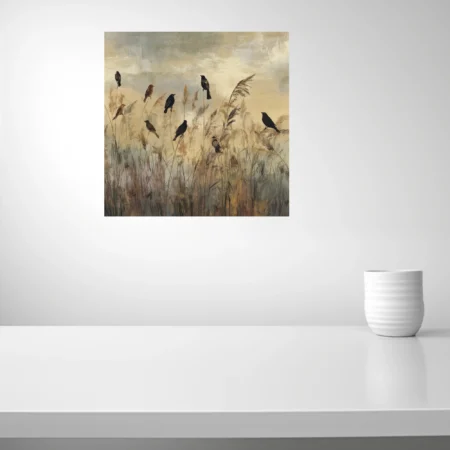Marsh birds perched on golden reeds, muted palette, painterly texture