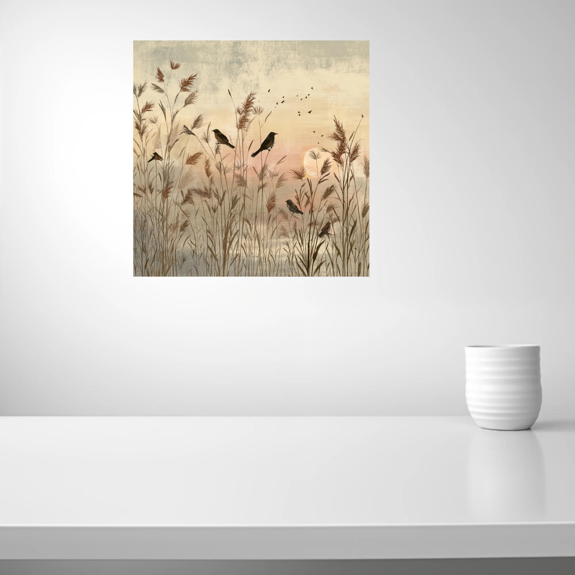 Serene minimalist birds in reed marsh at dusk, warm sepia and blush tones