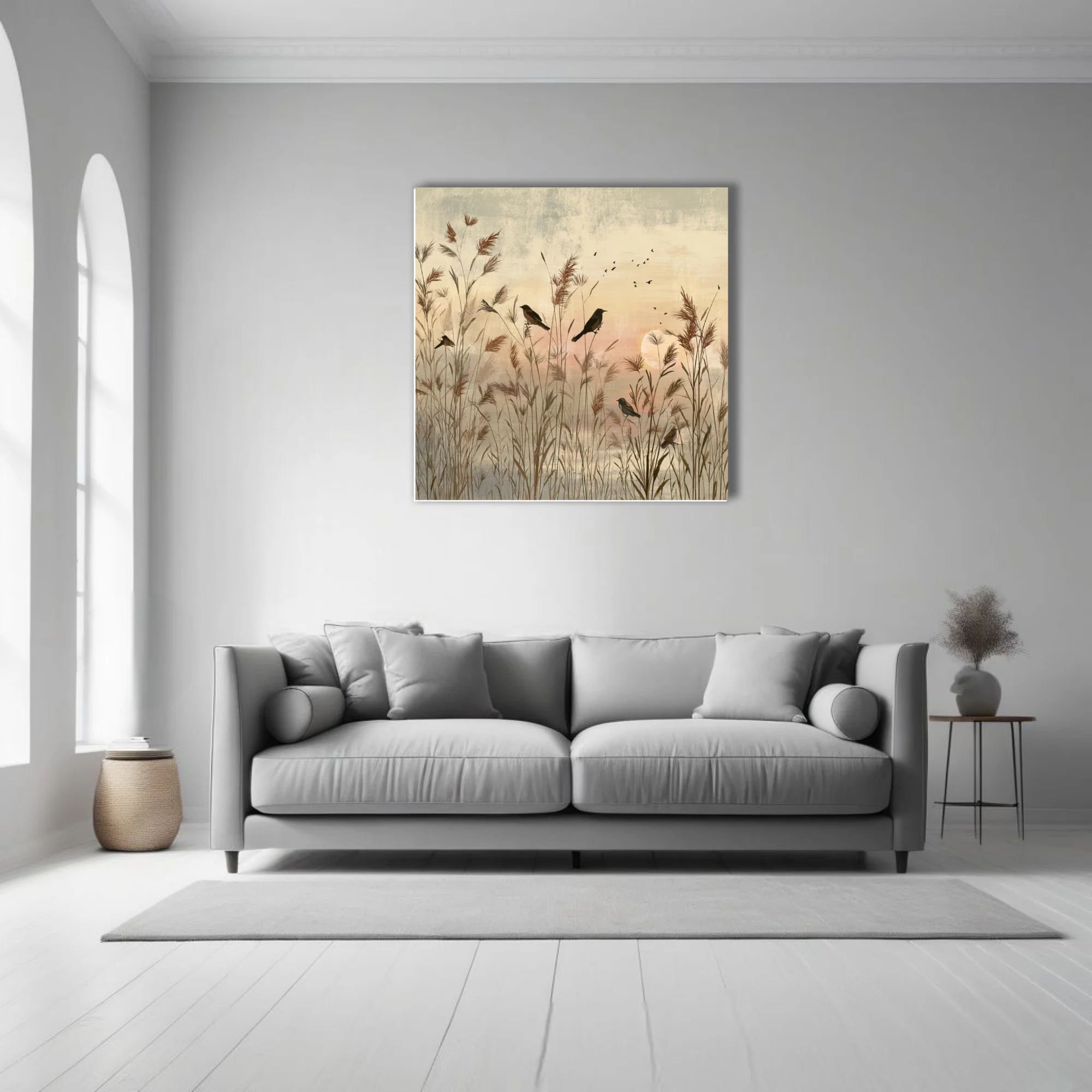 Serene minimalist birds in reed marsh at dusk, warm sepia and blush tones