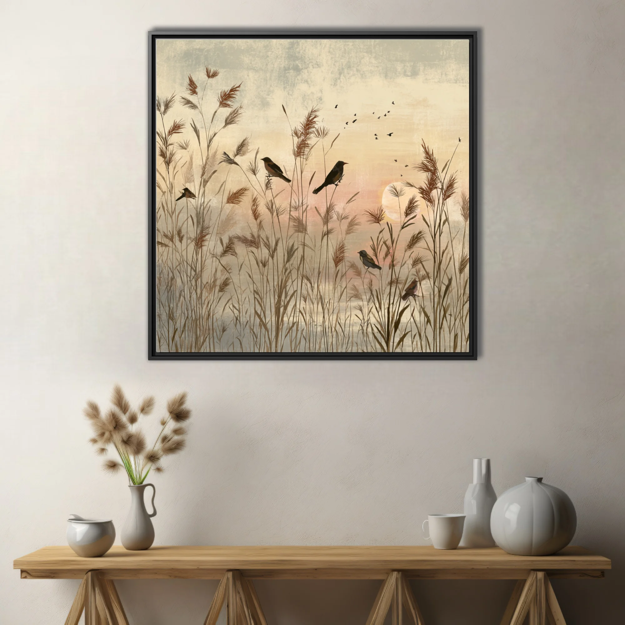 Serene minimalist birds in reed marsh at dusk, warm sepia and blush tones