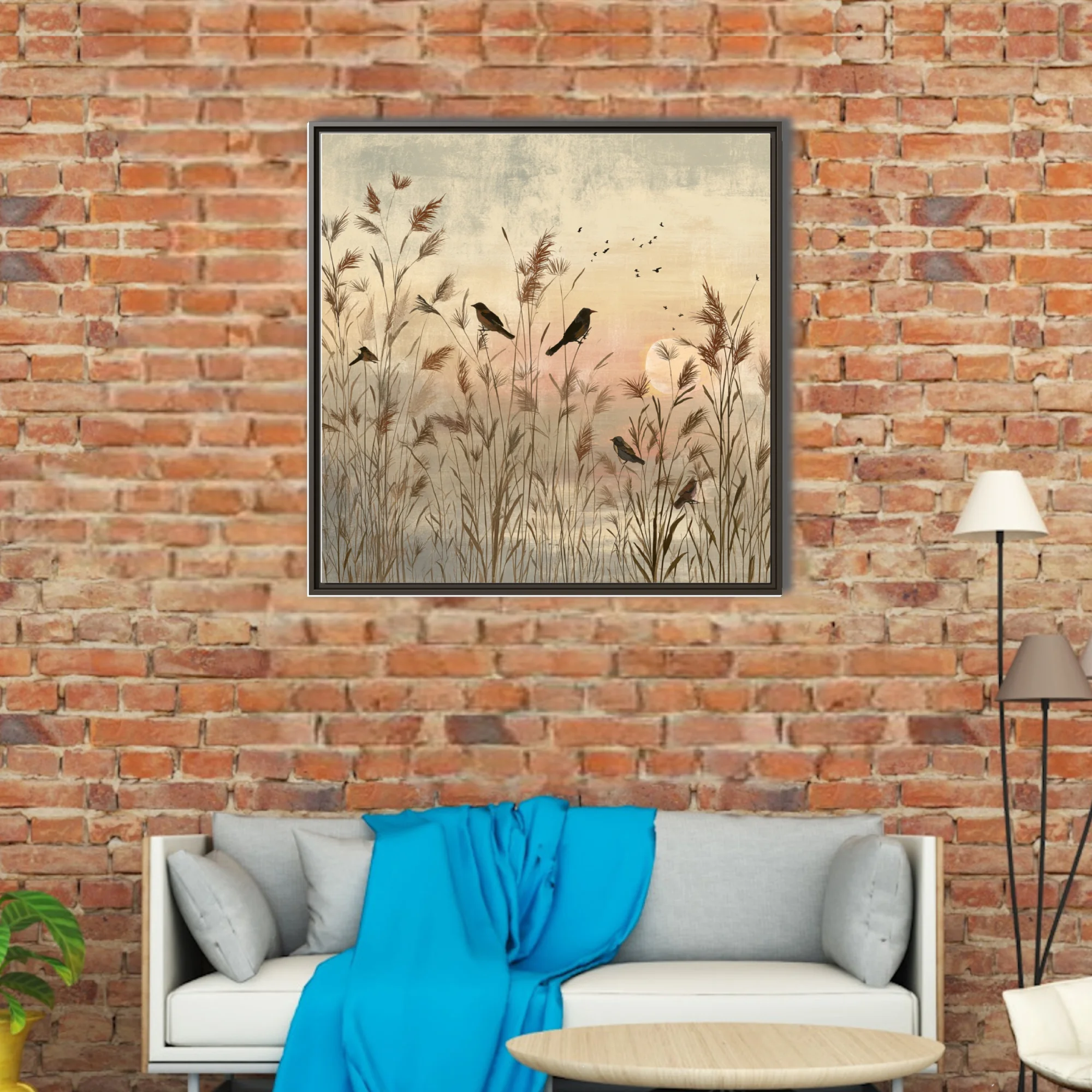 Serene minimalist birds in reed marsh at dusk, warm sepia and blush tones