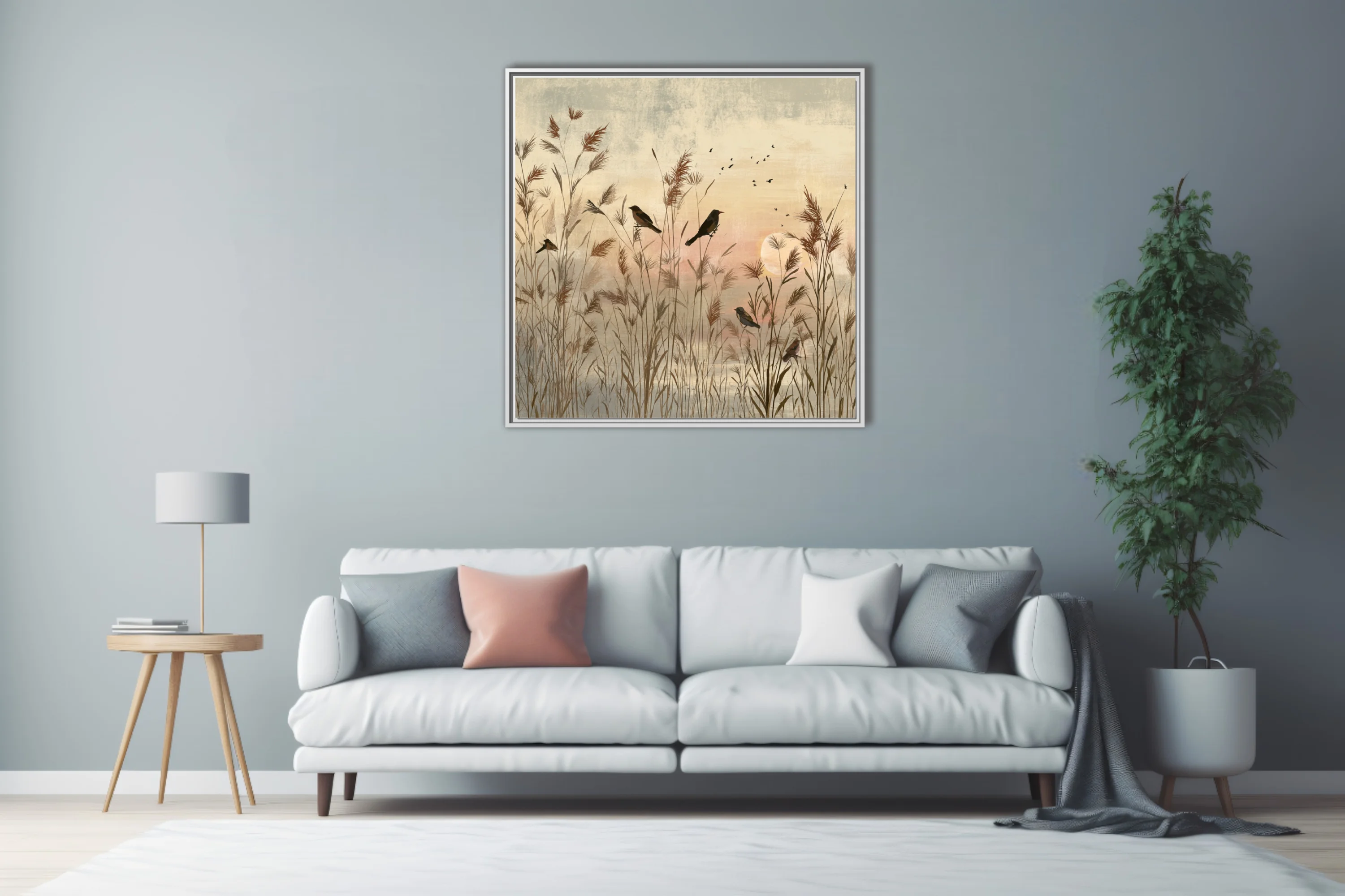 Serene minimalist birds in reed marsh at dusk, warm sepia and blush tones