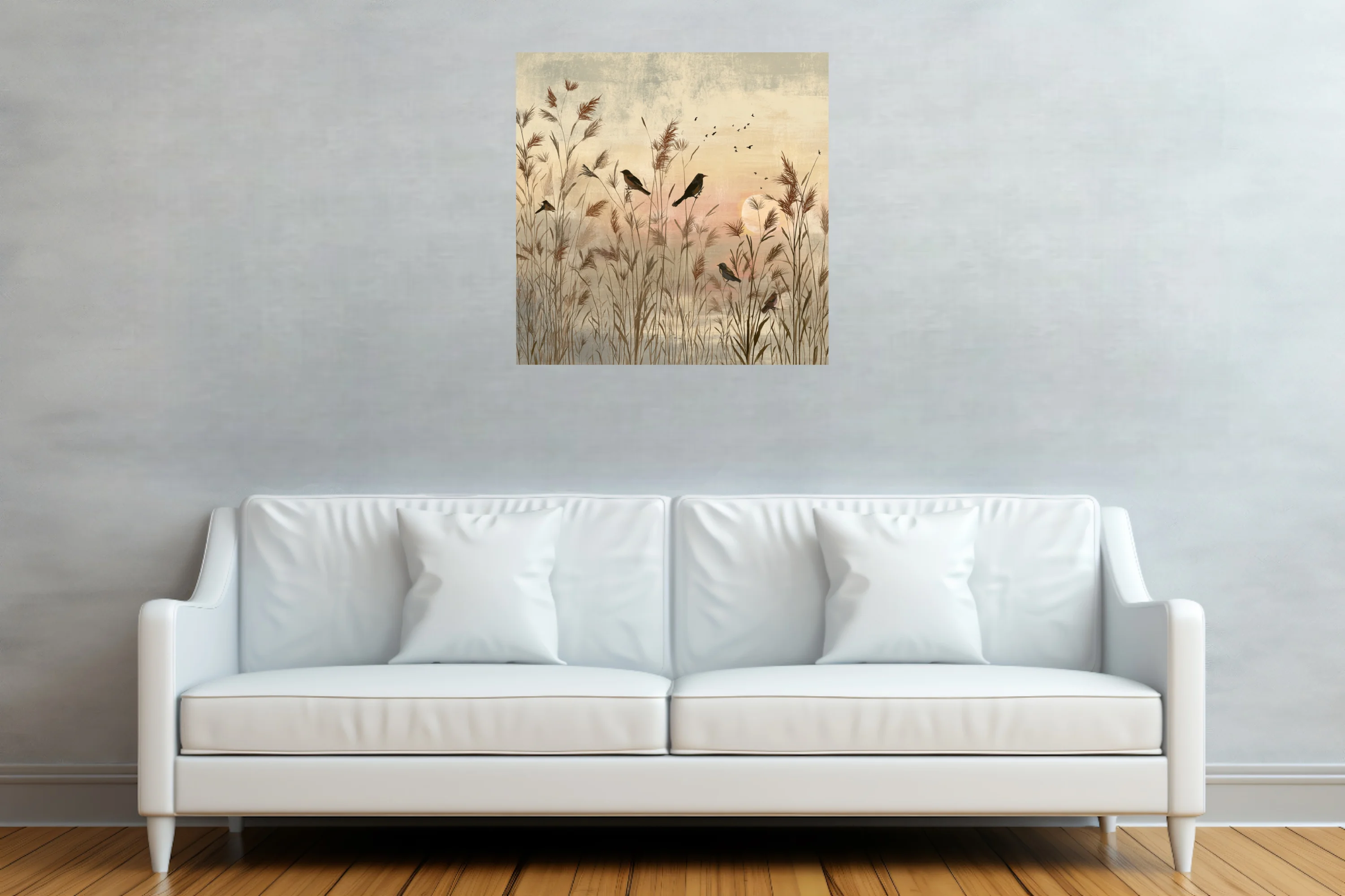 Serene minimalist birds in reed marsh at dusk, warm sepia and blush tones