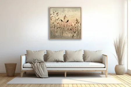 Serene minimalist birds in reed marsh at dusk, warm sepia and blush tones