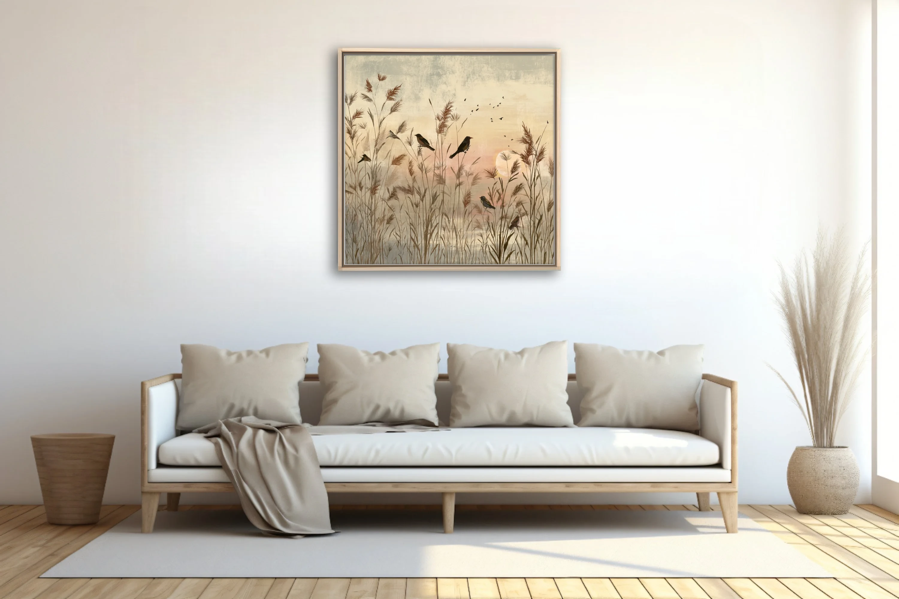 Serene minimalist birds in reed marsh at dusk, warm sepia and blush tones