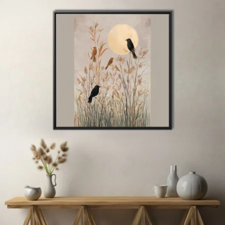 Minimalist birds and wild grasses with glowing moon, earth tones