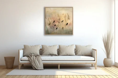 Silhouetted birds among golden meadow grasses at dusk, peach and rose sky, vintage painterly style