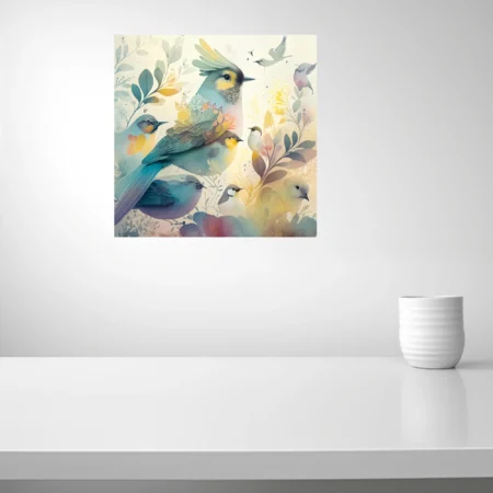 Watercolor-style birds and botanical foliage in soft teal, yellow, and pastel tones