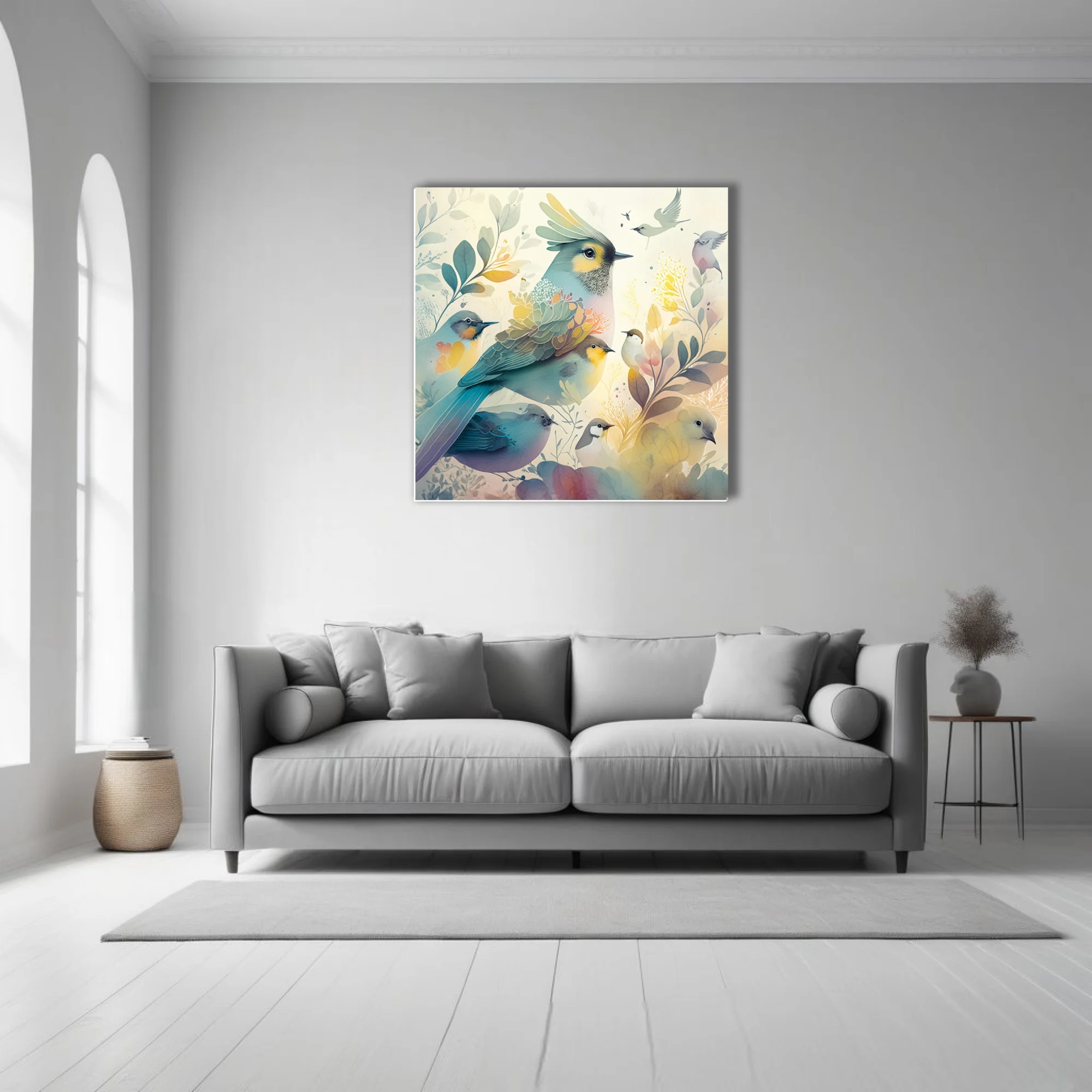 Watercolor-style birds and botanical foliage in soft teal, yellow, and pastel tones