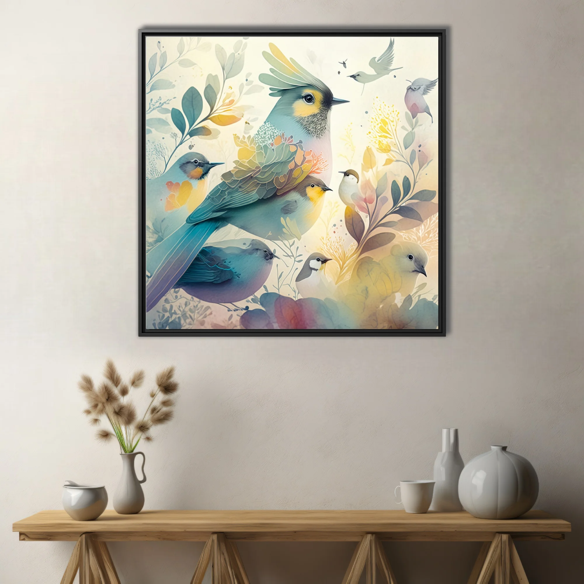 Watercolor-style birds and botanical foliage in soft teal, yellow, and pastel tones