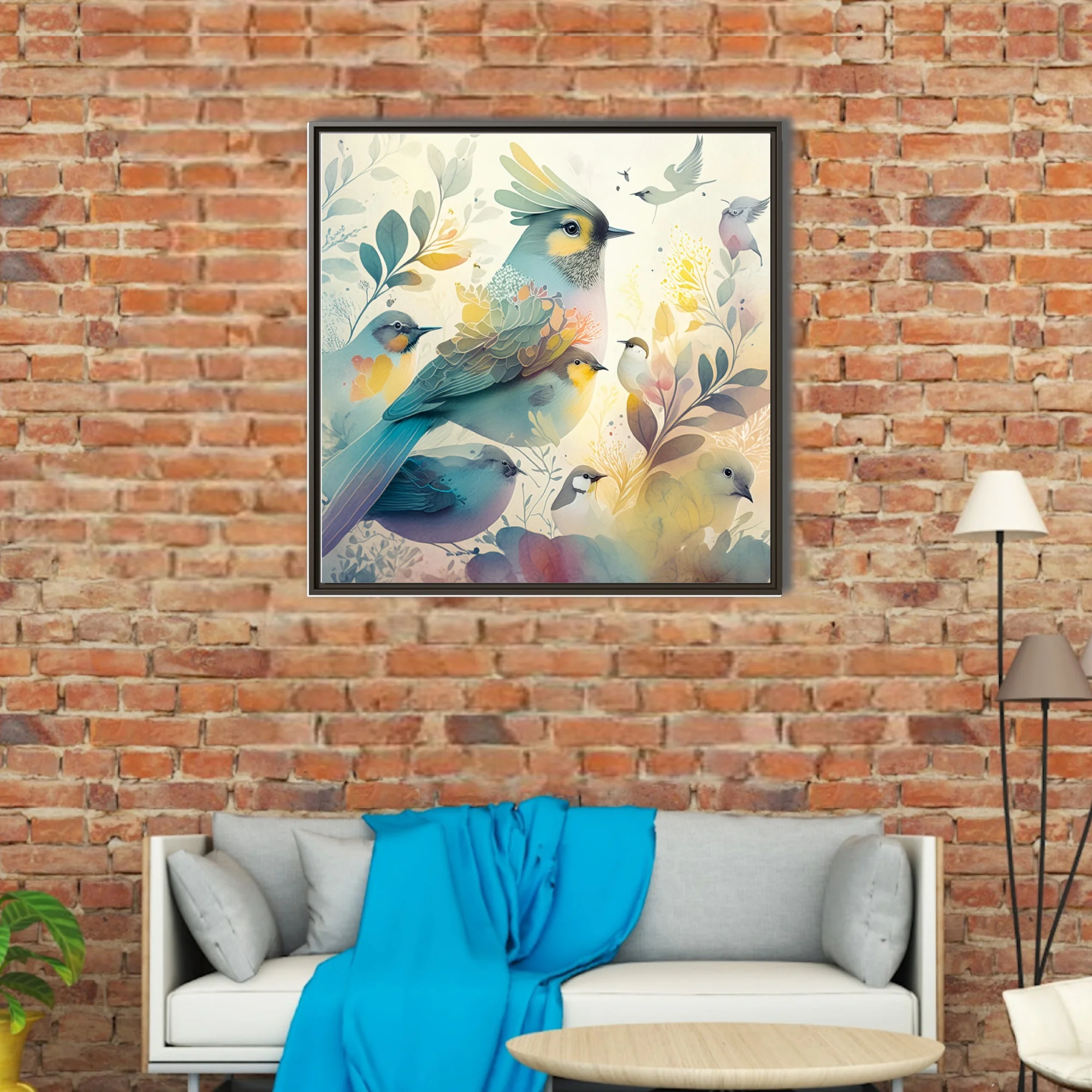 Watercolor-style birds and botanical foliage in soft teal, yellow, and pastel tones