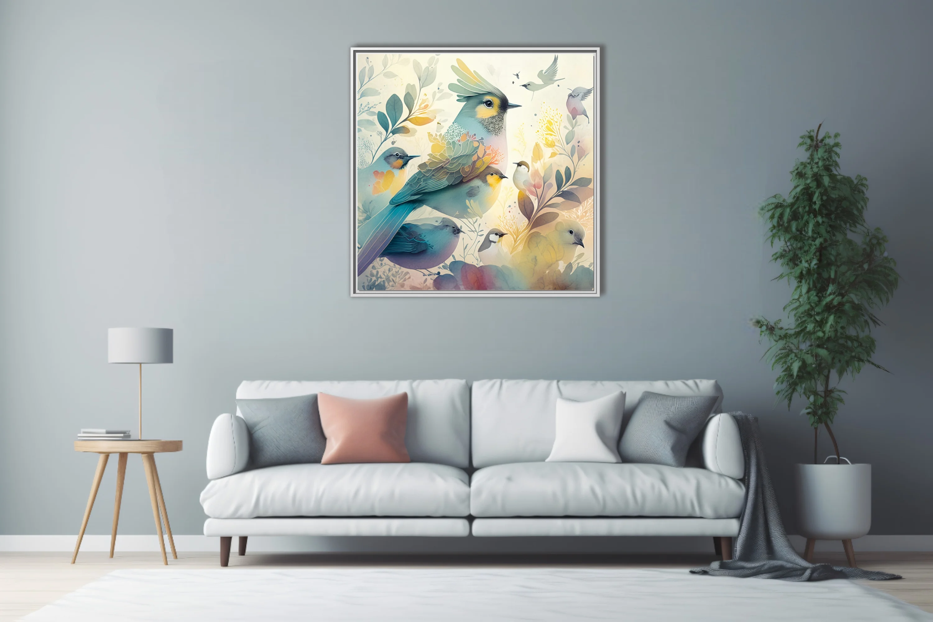 Watercolor-style birds and botanical foliage in soft teal, yellow, and pastel tones