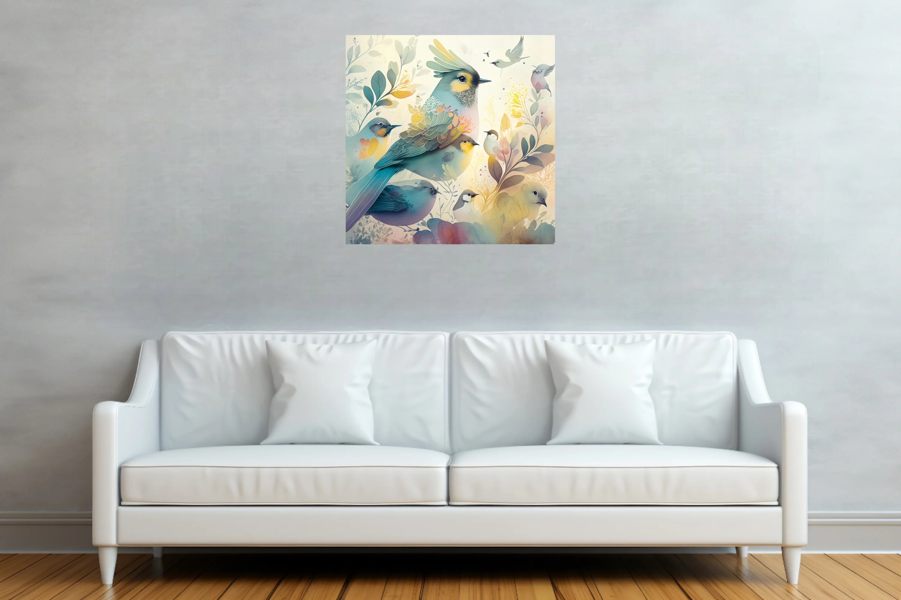 Watercolor-style birds and botanical foliage in soft teal, yellow, and pastel tones