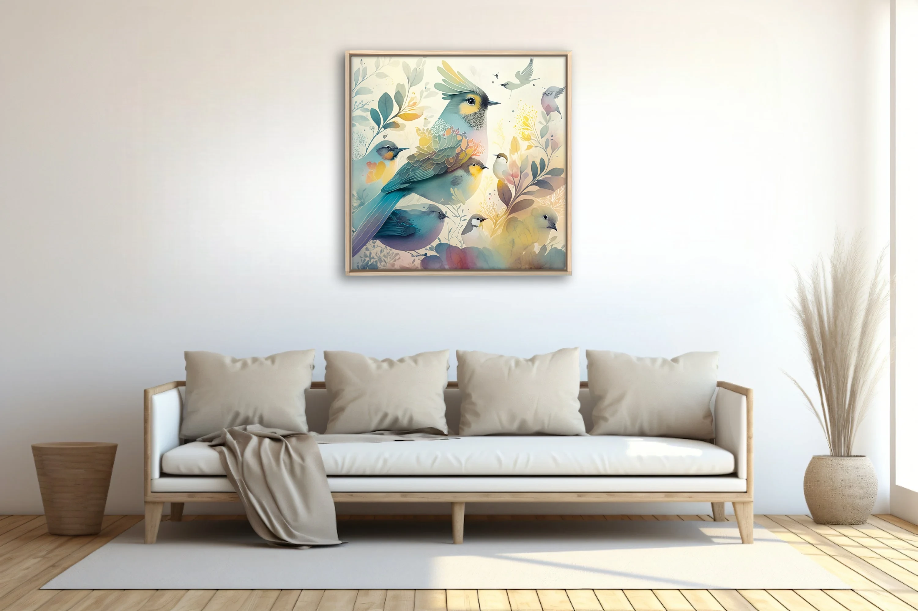Watercolor-style birds and botanical foliage in soft teal, yellow, and pastel tones