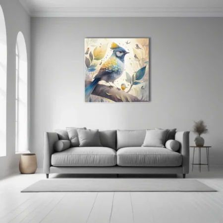 Watercolor-style crested songbird with blue and golden plumage amid soft botanical foliage