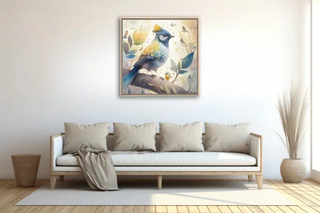 Watercolor-style crested songbird with blue and golden plumage amid soft botanical foliage