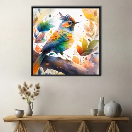 Fantasy bird with rainbow plumage amid autumn leaves, vibrant watercolor-style illustration