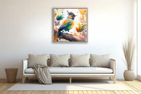 Fantasy bird with rainbow plumage amid autumn leaves, vibrant watercolor-style illustration