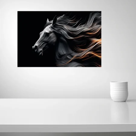 Abstract sculptural horse portrait, flowing silver mane with amber highlights on black