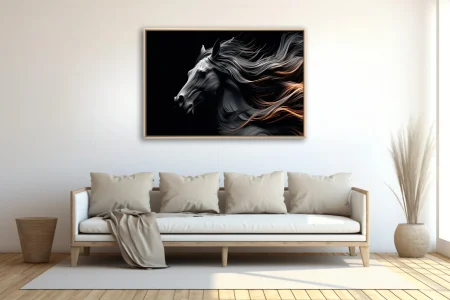 Abstract sculptural horse portrait, flowing silver mane with amber highlights on black