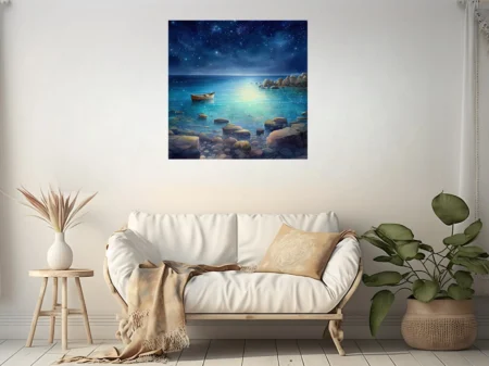 Stylized night seascape with glowing teal water, starry sky, and moored boat