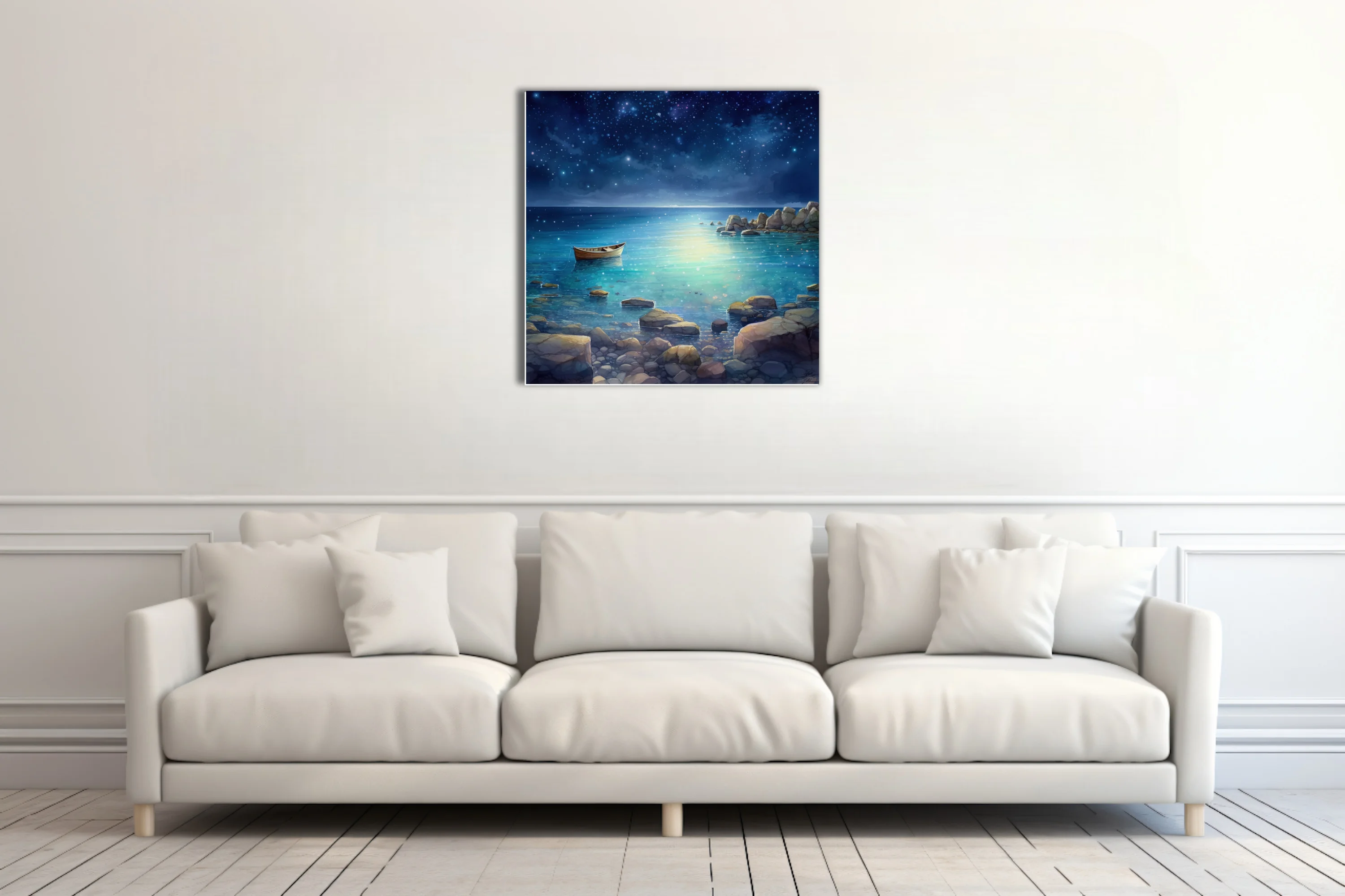 Stylized night seascape with glowing teal water, starry sky, and moored boat