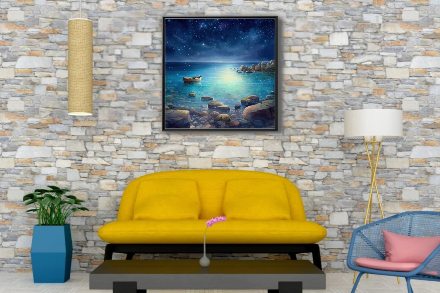 Stylized night seascape with glowing teal water, starry sky, and moored boat