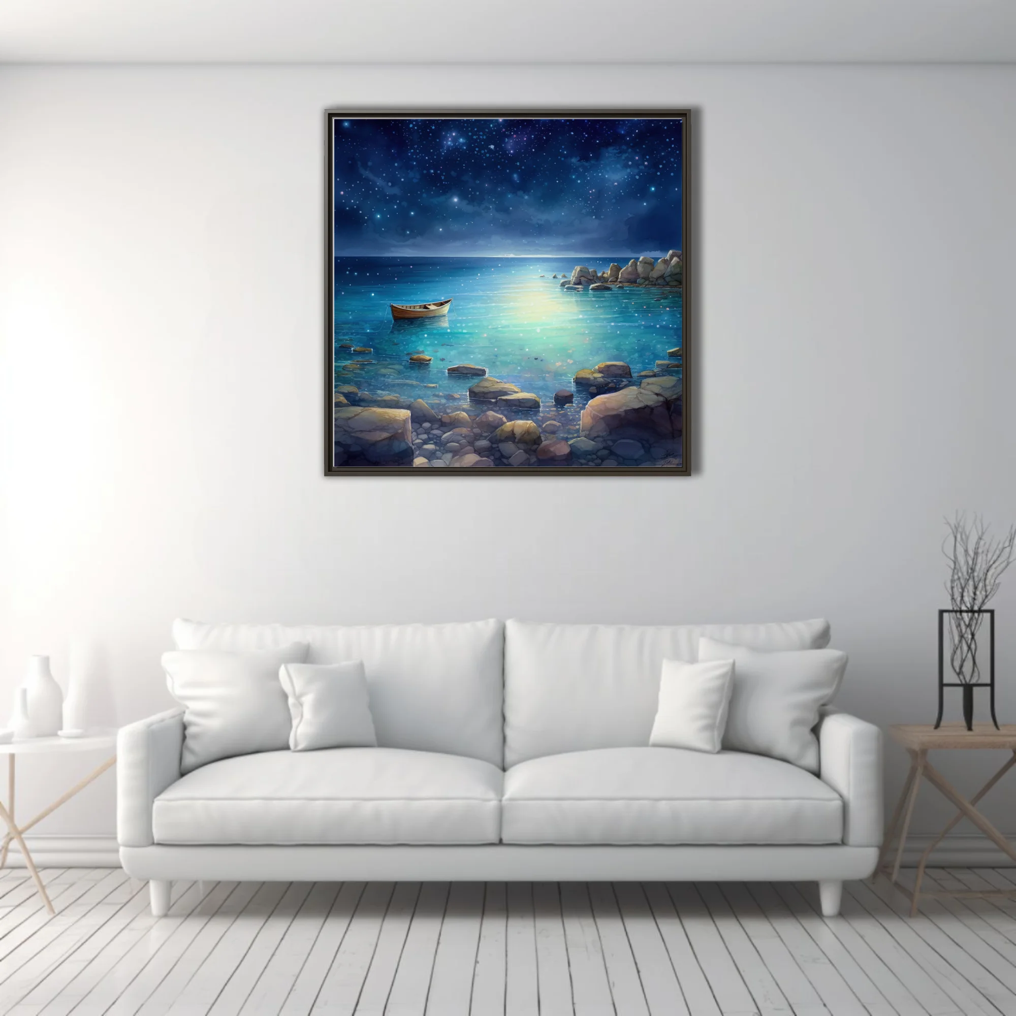 Stylized night seascape with glowing teal water, starry sky, and moored boat