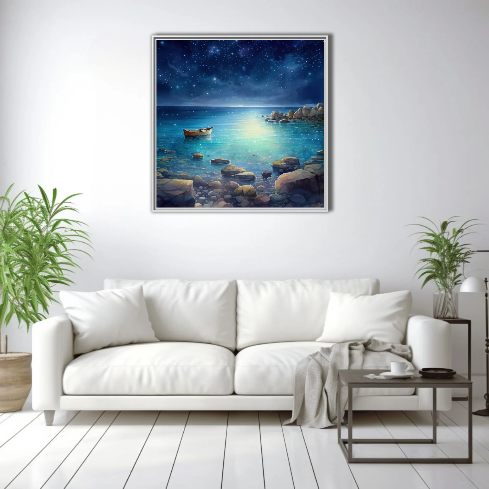 Stylized night seascape with glowing teal water, starry sky, and moored boat
