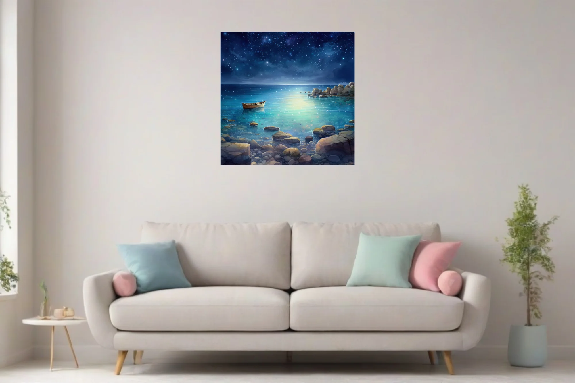 Stylized night seascape with glowing teal water, starry sky, and moored boat