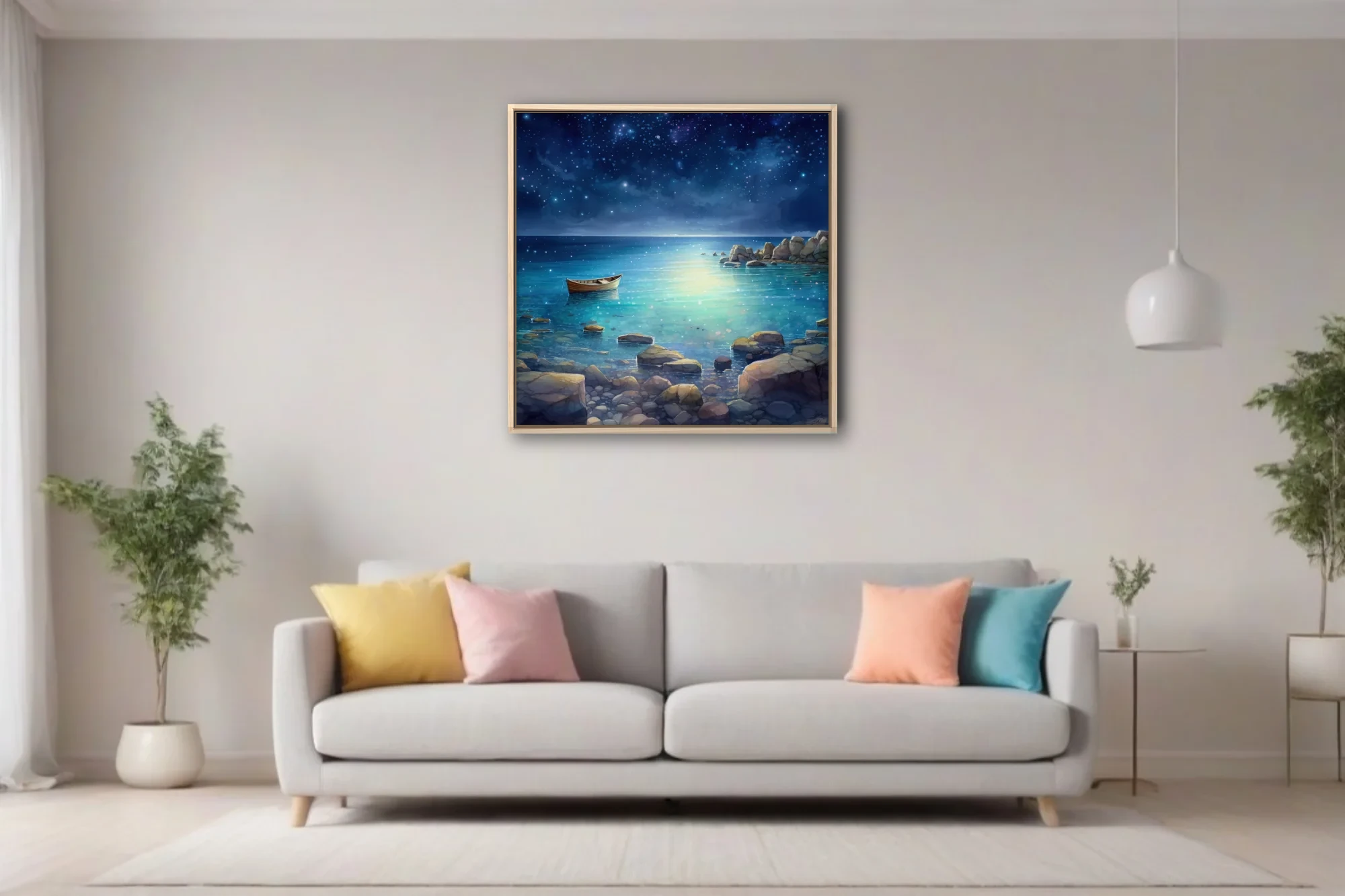 Stylized night seascape with glowing teal water, starry sky, and moored boat