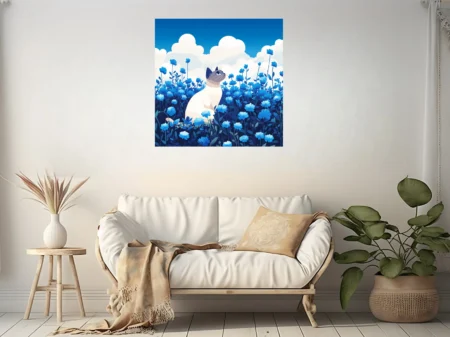 Flat graphic illustration of a Siamese cat in a cobalt blue flower field