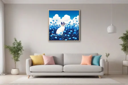 Flat graphic illustration of a Siamese cat in a cobalt blue flower field