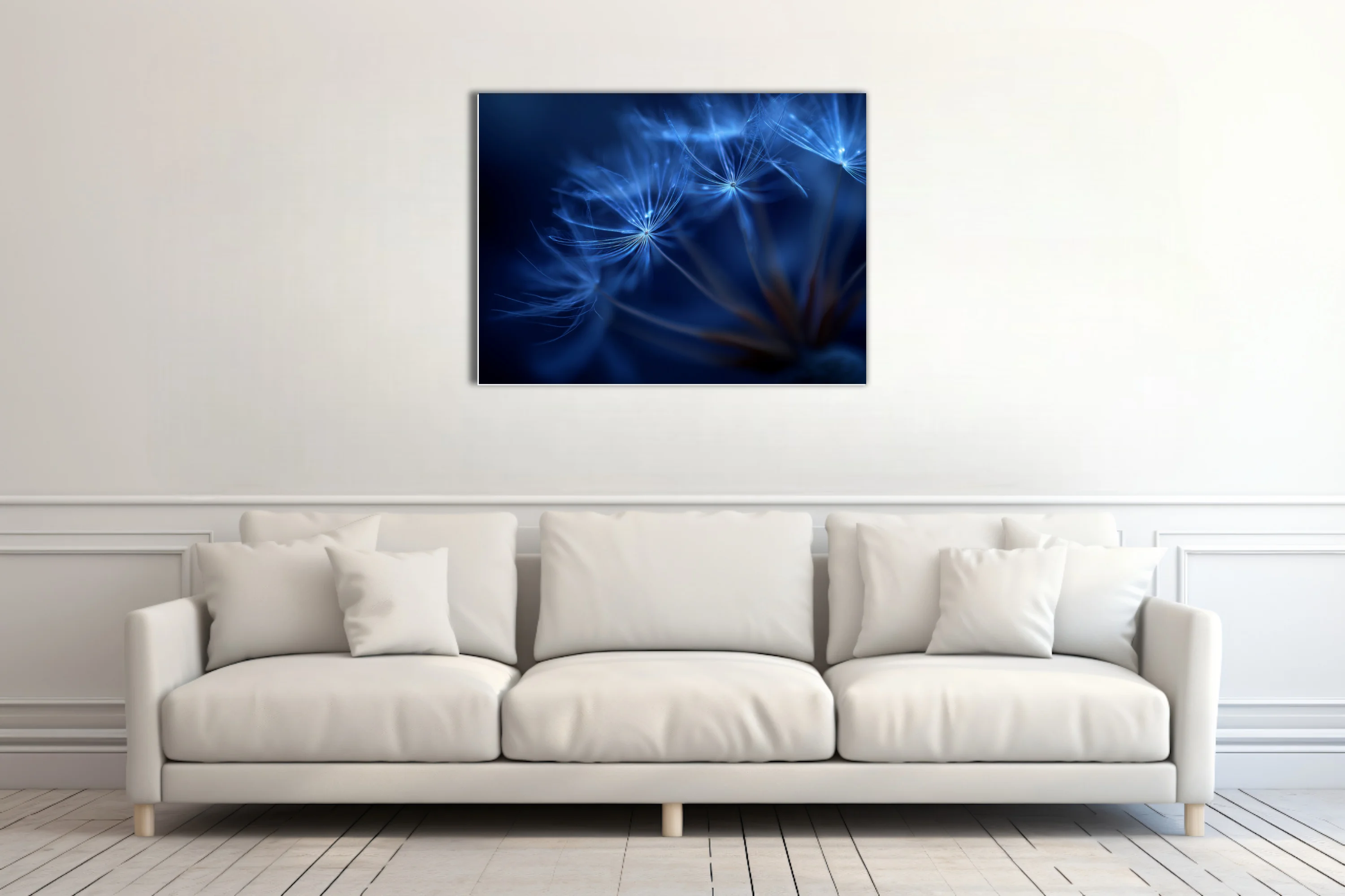 Macro blue dandelion seed heads glowing with ethereal light on deep cobalt background