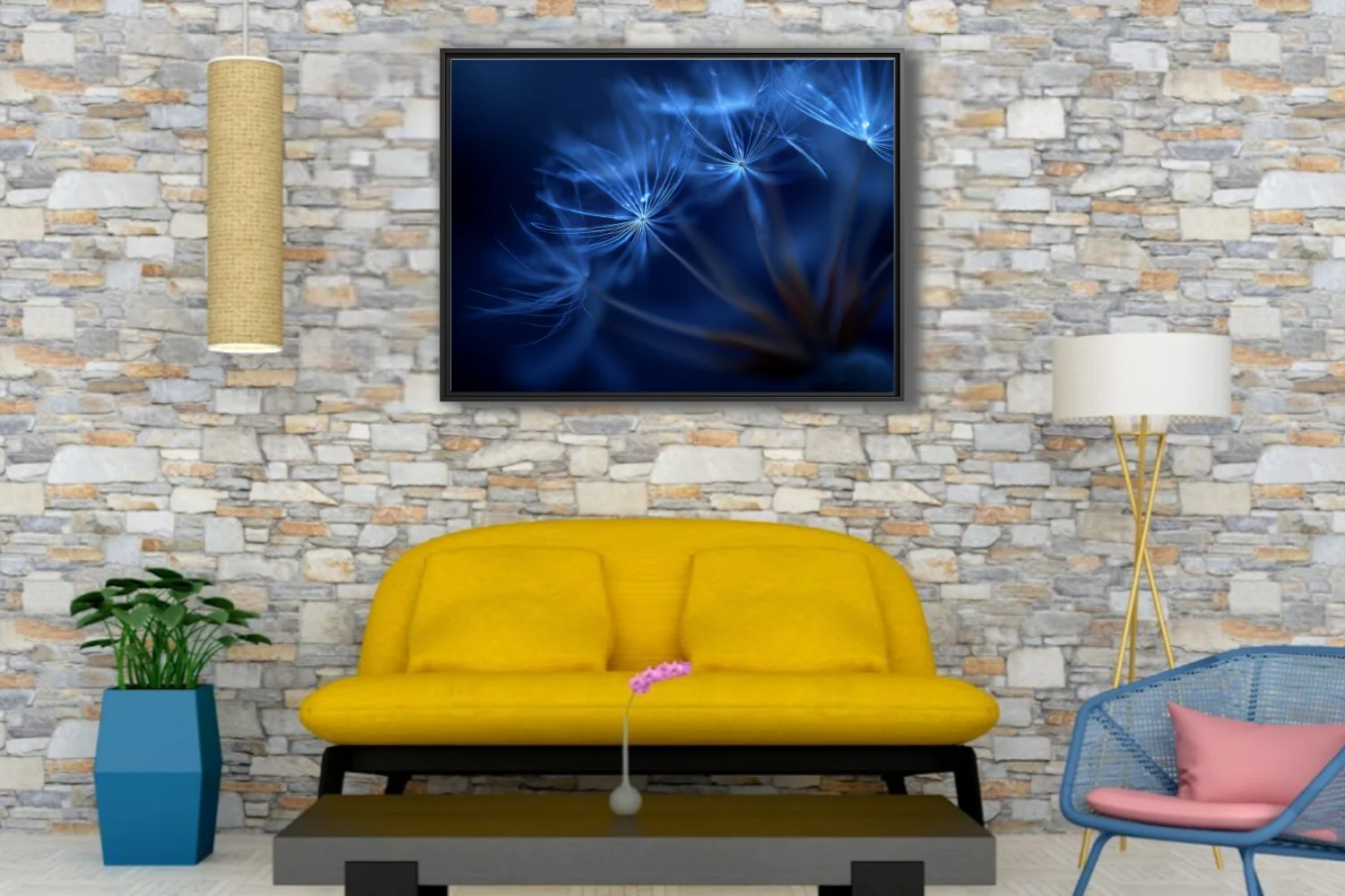 Macro blue dandelion seed heads glowing with ethereal light on deep cobalt background