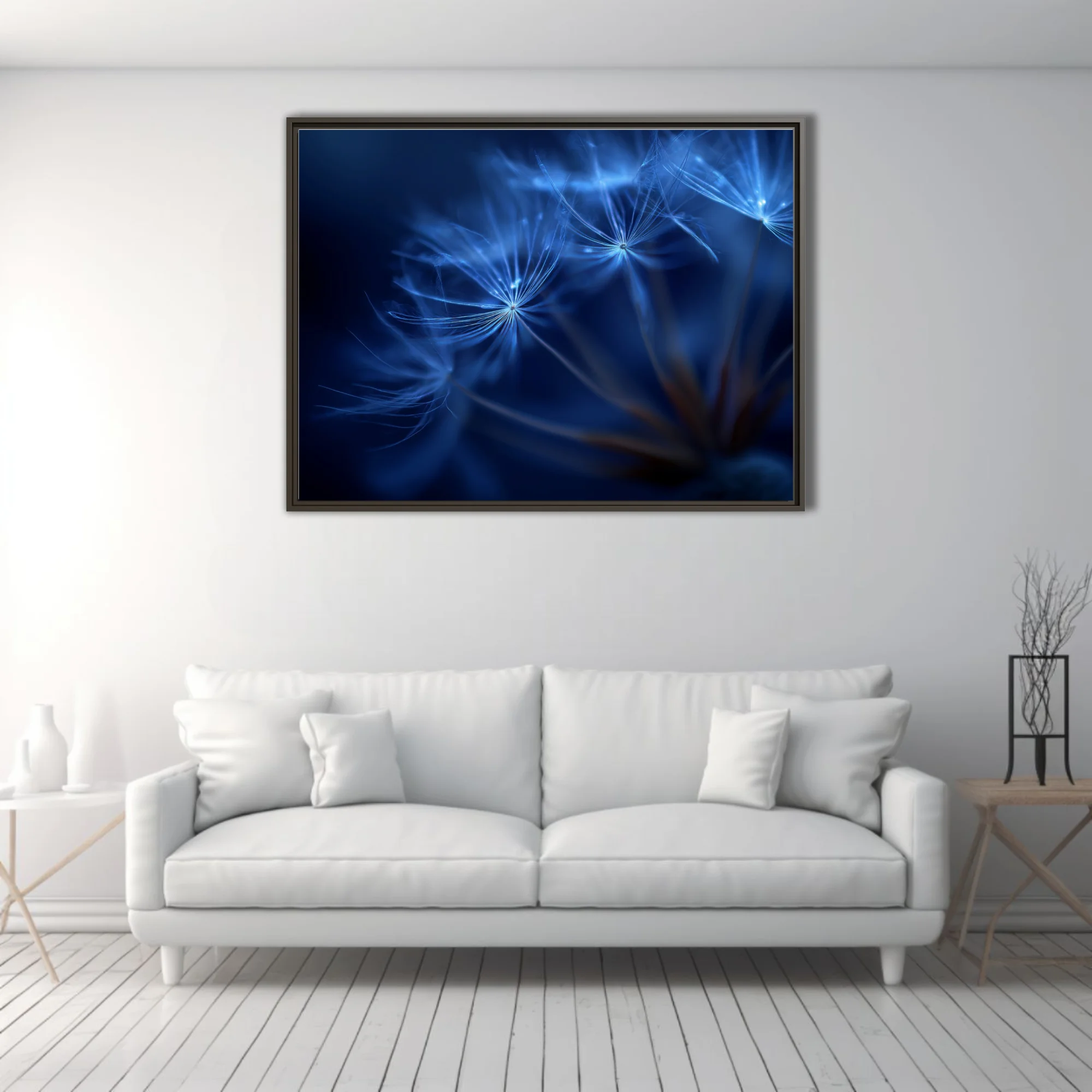 Macro blue dandelion seed heads glowing with ethereal light on deep cobalt background
