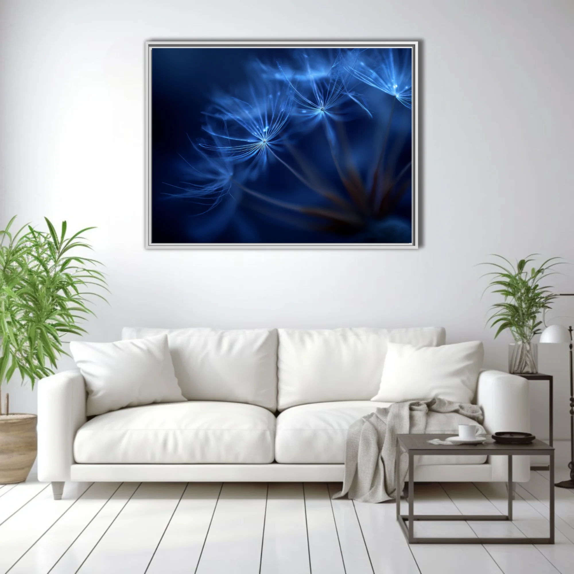Macro blue dandelion seed heads glowing with ethereal light on deep cobalt background