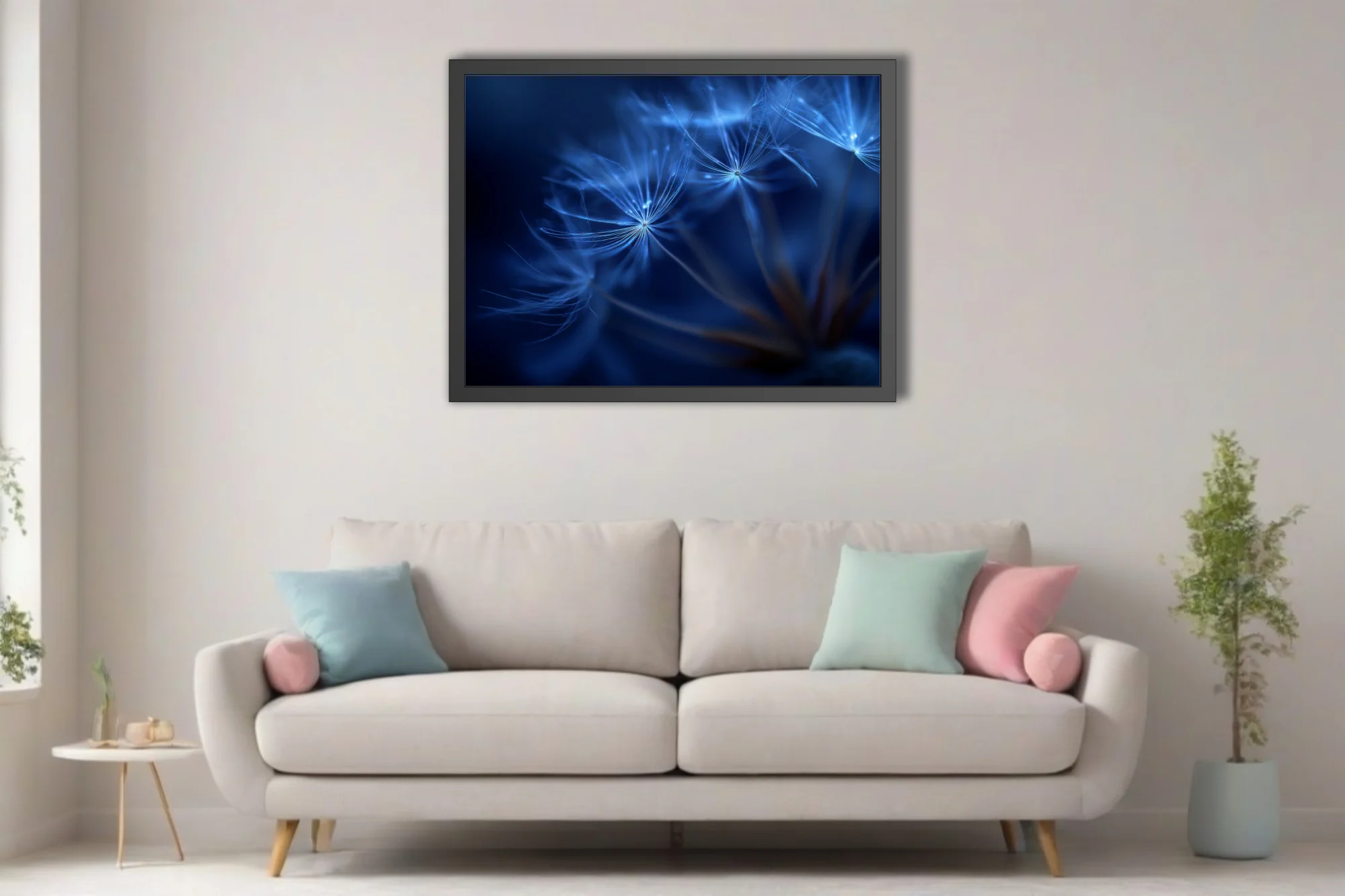 Macro blue dandelion seed heads glowing with ethereal light on deep cobalt background