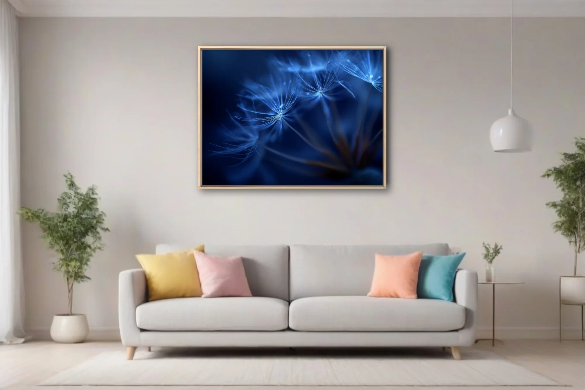Macro blue dandelion seed heads glowing with ethereal light on deep cobalt background