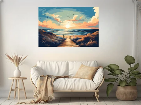 Flat graphic beach boardwalk scene, warm golden dunes, sunset sky, cerulean waves