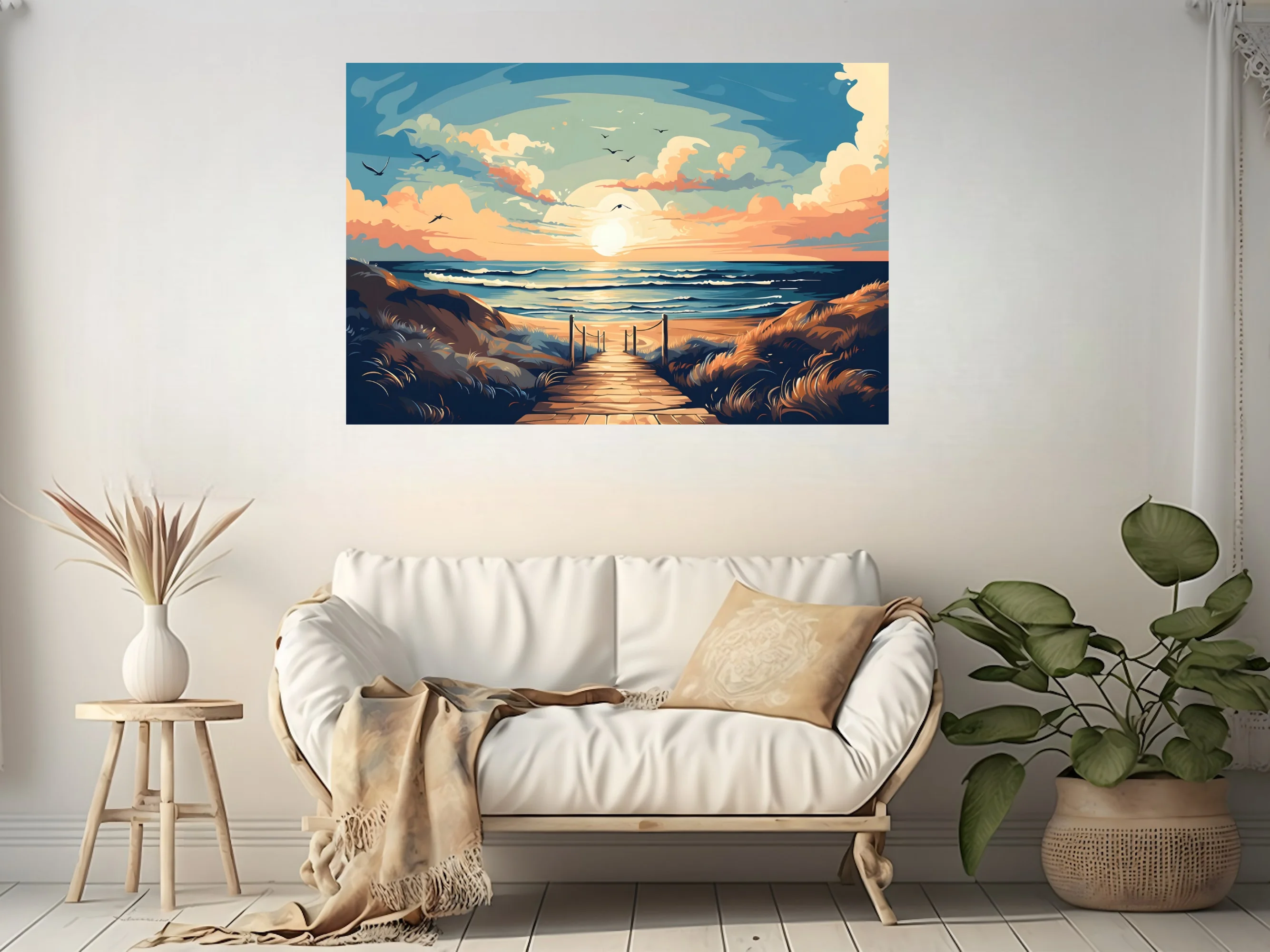 Flat graphic beach boardwalk scene, warm golden dunes, sunset sky, cerulean waves