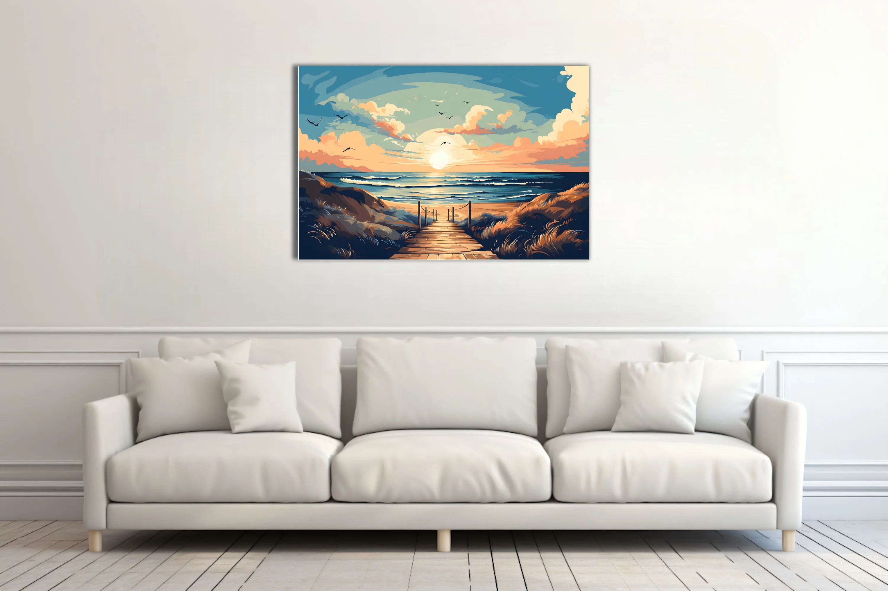 Flat graphic beach boardwalk scene, warm golden dunes, sunset sky, cerulean waves