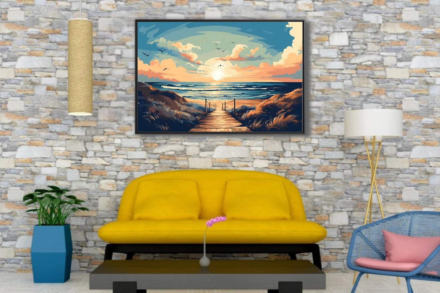 Flat graphic beach boardwalk scene, warm golden dunes, sunset sky, cerulean waves