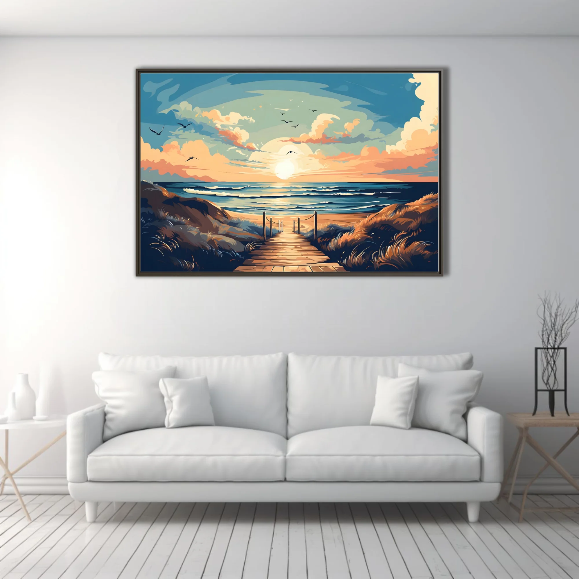 Flat graphic beach boardwalk scene, warm golden dunes, sunset sky, cerulean waves