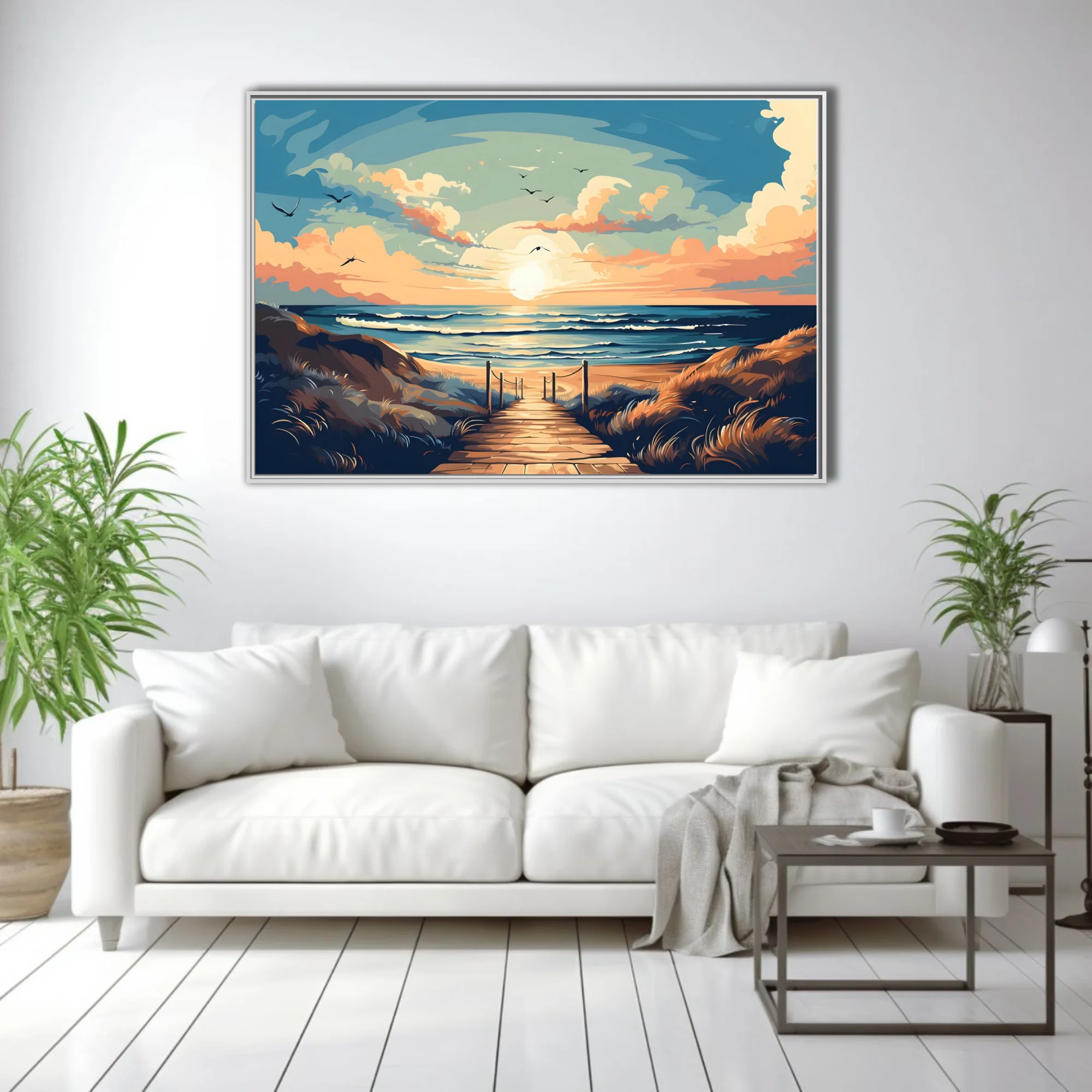 Flat graphic beach boardwalk scene, warm golden dunes, sunset sky, cerulean waves