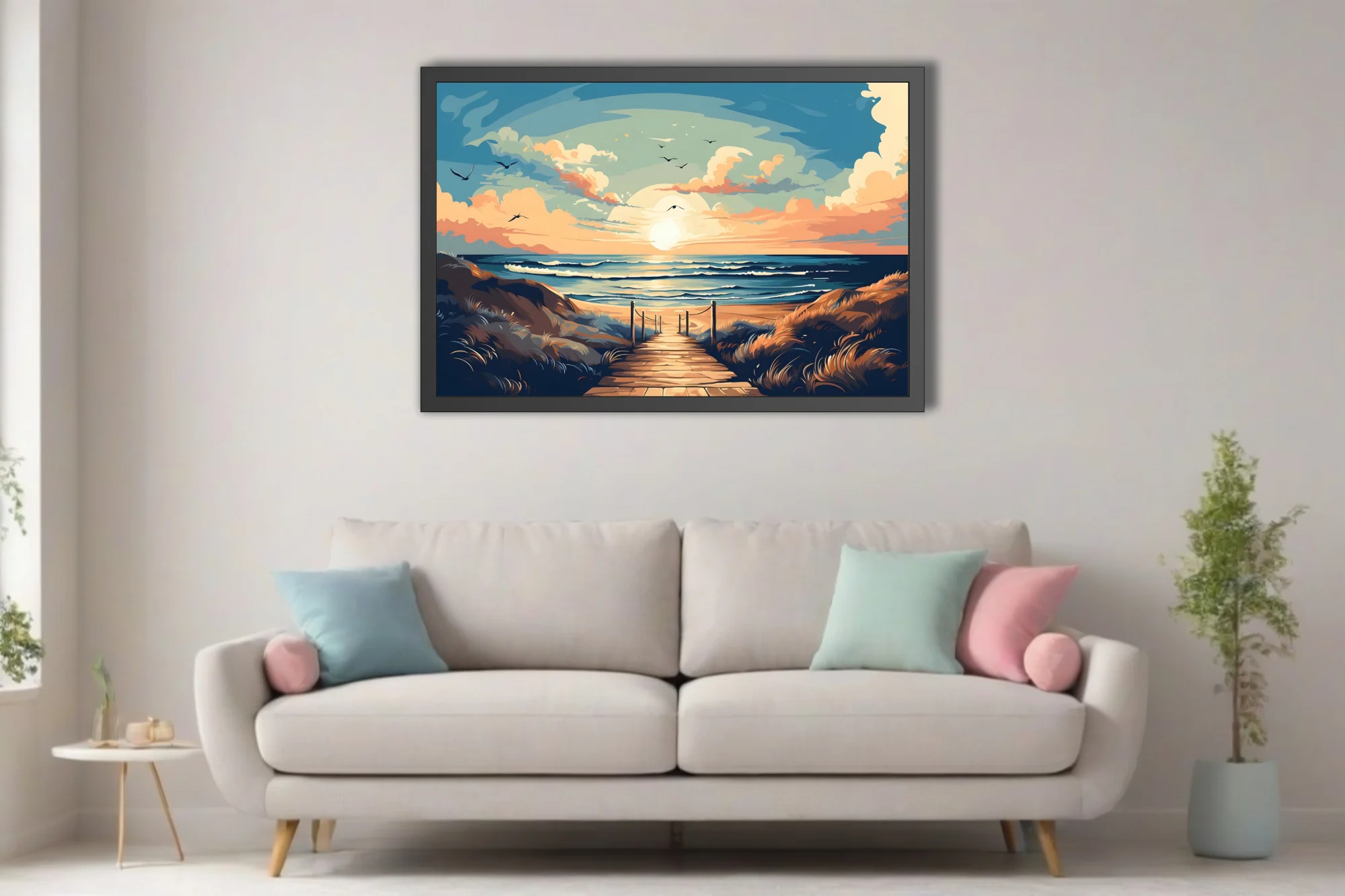 Flat graphic beach boardwalk scene, warm golden dunes, sunset sky, cerulean waves