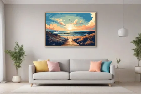 Flat graphic beach boardwalk scene, warm golden dunes, sunset sky, cerulean waves