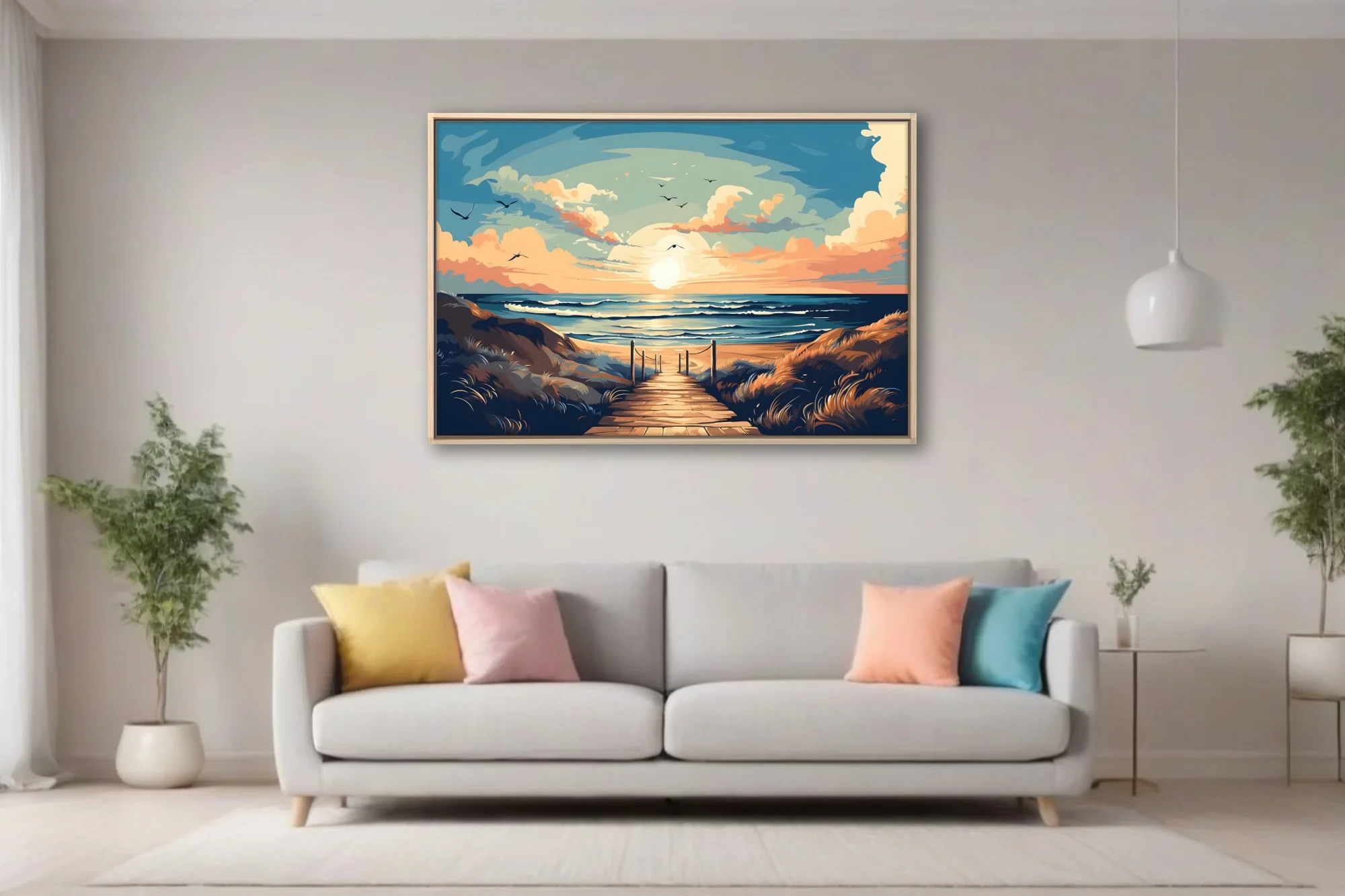 Flat graphic beach boardwalk scene, warm golden dunes, sunset sky, cerulean waves