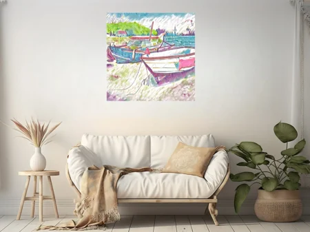 Pastel harbor boats in watercolor-style coastal scene with cottage and green hillside